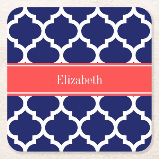 ネイビーブルーウィットモロッコ#5コーラルレッド名モノグラム スクエアペーパーコースター (正面)