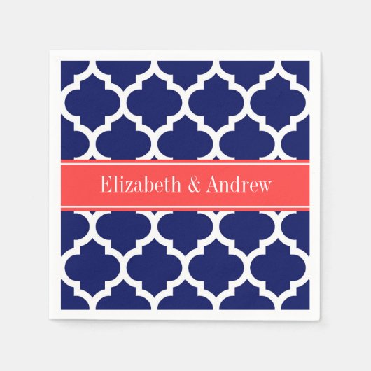 ネイビーブルーウィットモロッコ#5コーラルレッド名モノグラム スタンダードカクテルナプキン (正面)