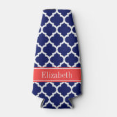ネイビーブルーウィットモロッコ#5コーラルレッド名モノグラム ボトルクーラー (正面)