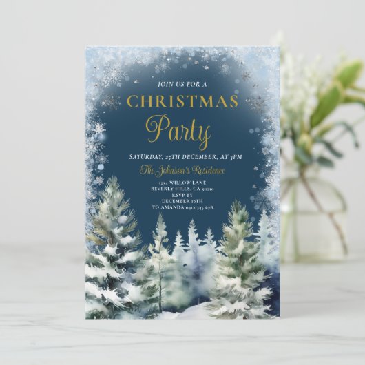 ネイビーブルーウィンタークリスマスパーティーシルバースノーフレーク 招待状 (スタンド正面)