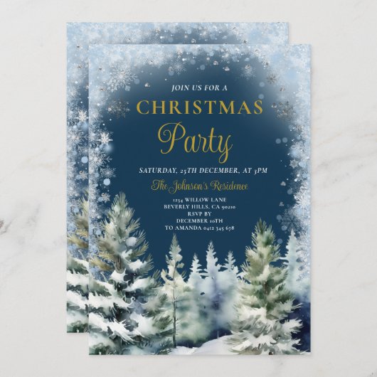 ネイビーブルーウィンタークリスマスパーティーシルバースノーフレーク 招待状 (正面/裏面)