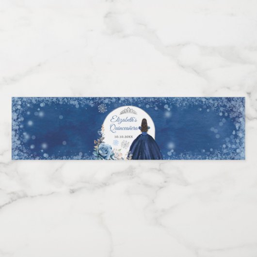 ネイビーブルーウィンタースノーフレークスウィート15誕生日 ペットボトルラベル (シングルラベル)