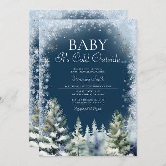 ネイビーブルーウィンターパインツリーベビーシャワースノーフレーク 招待状 (正面/裏面)