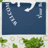 ネイビーブルーウェルカムクオンボードボートネーム航海のいかり キッチンタオル (折り畳み)