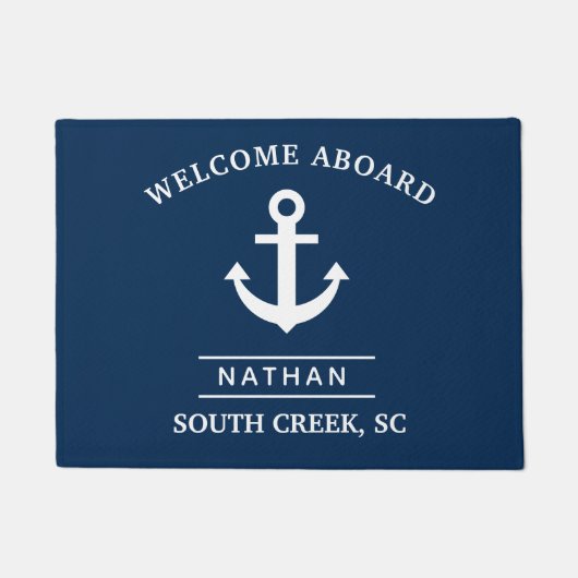 ネイビーブルーウェルカム船カスタム乗りモノグラム名 ドアマット (正面)
