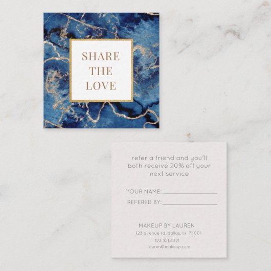 ネイビーブルーウェーブ金ゴールドサロンスパロイヤリティカード スクエア名刺 (正面/裏面)