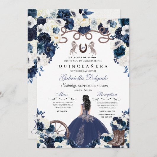 ネイビーブルーウエスタンチャラガールランチェロキンセアニェラ 招待状 (正面/裏面)