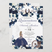 ネイビーブルーウエスタンチャラフローラブーツキンセアニラ 招待状 (正面/裏面)