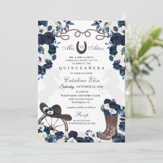 ネイビーブルーウエスタンチャラブーツキンセアニェラ 招待状 (スタンド正面)