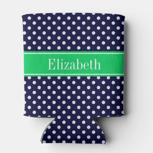 ネイビーブルーウエット水玉模様エメラルドグリーンネームモノグラム 缶クーラー (裏面)