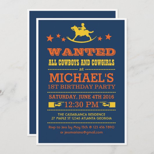 ネイビーブルーウォッチンウェスタンカウボーイ招待状 招待状 (正面/裏面)
