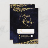 ネイビーブルーウォーターの色と金ゴールド結婚の返信RSVP 出欠カード (正面/裏面)