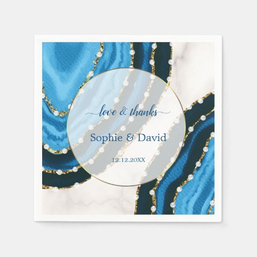 ネイビーブルーウォーターカラーアゲイト結婚パール スタンダードカクテルナプキン (正面)