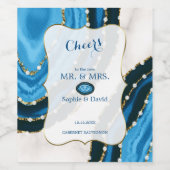 ネイビーブルーウォーターカラーアゲイト結婚パール ワインラベル (シングルラベル)