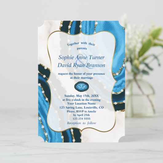 ネイビーブルーウォーターカラーアゲイト結婚パール 招待状 (スタンド正面)
