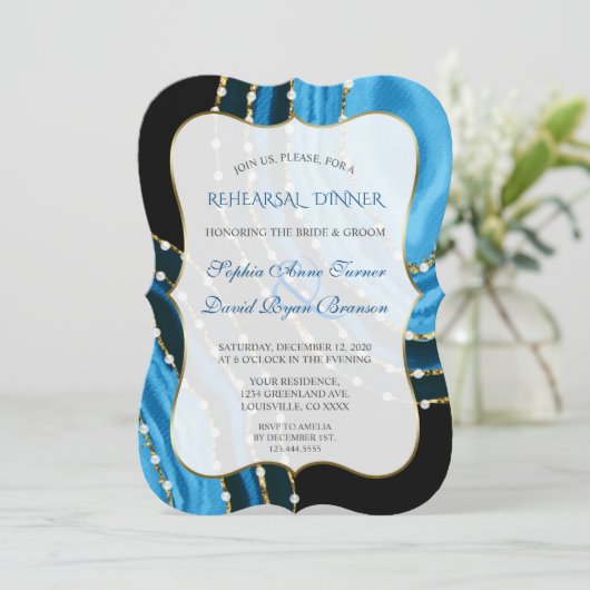 ネイビーブルーウォーターカラーアゲートパールリハーサルディナー 招待状 (スタンド正面)