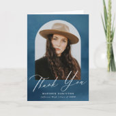 ネイビーブルーウォーターカラーアーチ写真卒業 サンキューカード (正面)