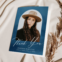 ネイビーブルーウォーターカラーアーチ写真卒業 サンキューカード