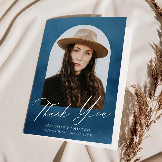 ネイビーブルーウォーターカラーアーチ写真卒業 サンキューカード