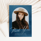 ネイビーブルーウォーターカラーアーチ写真卒業 サンキューカード