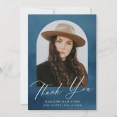 ネイビーブルーウォーターカラーアーチ写真卒業 サンキューカード (正面)