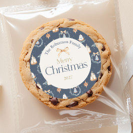 ネイビーブルーウォーターカラークリスマスステッカー ラウンドシール