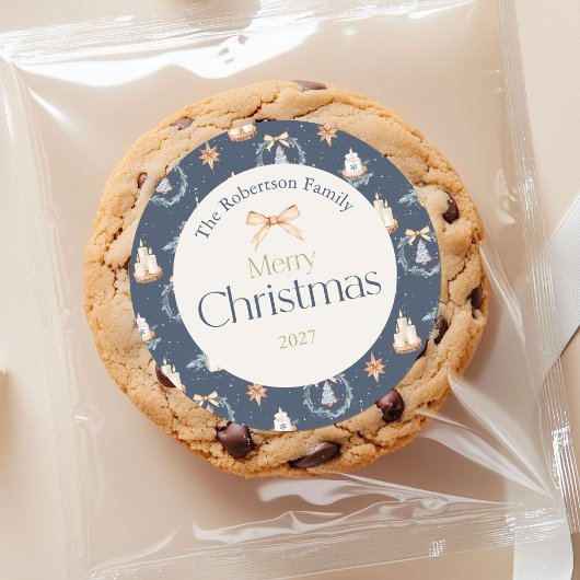 ネイビーブルーウォーターカラークリスマスステッカー ラウンドシール