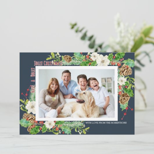 ネイビーブルーウォーターカラークリスマスホリーすてきフローラ 招待状 (スタンド正面)