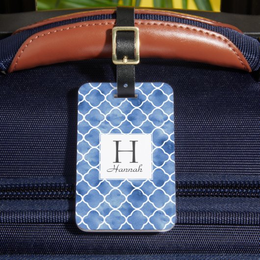 ネイビーブルーウォーターカラークローバーパターンモノグラム ラゲッジタグ (正面インサイチュ2)