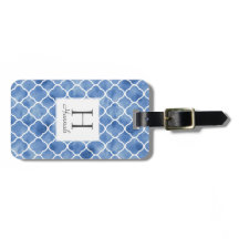 ネイビーブルーウォーターカラークローバーパターンモノグラム