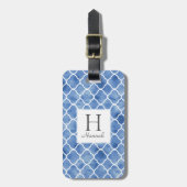 ネイビーブルーウォーターカラークローバーパターンモノグラム ラゲッジタグ (正面縦)