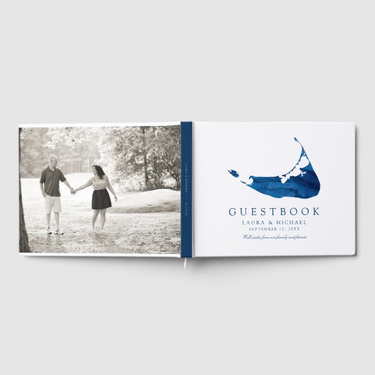 ネイビーブルーウォーターカラーナンタケットマップ結婚ズ ゲストブック (全面)