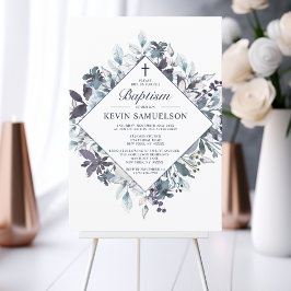 ネイビーブルーウォーターカラーバプテスマ《キリスト教》洗礼式や命名式ボーイ 招待状