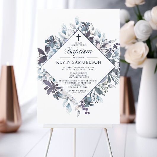 ネイビーブルーウォーターカラーバプテスマ《キリスト教》洗礼式や命名式ボーイ 招待状
