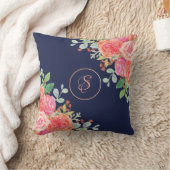 ネイビーブルーウォーターカラーバラフローラグリッターモノグラム クッション (ブランケット)