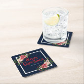 ネイビーブルーウォーターカラーフラワークリスマス スクエアペーパーコースター (インサイチュ)