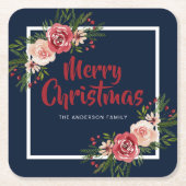 ネイビーブルーウォーターカラーフラワークリスマス スクエアペーパーコースター (正面)