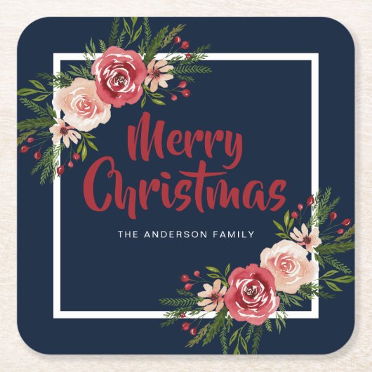 ネイビーブルーウォーターカラーフラワークリスマス スクエアペーパーコースター (正面)