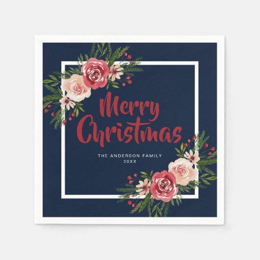 ネイビーブルーウォーターカラーフラワークリスマス スタンダードカクテルナプキン (正面)