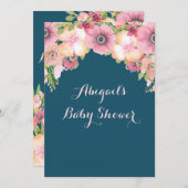 ネイビーブルーウォーターカラーフラワーベビーシャワー 招待状 (正面/裏面)