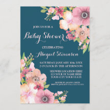 ネイビーブルーウォーターカラーフラワーベビーシャワー