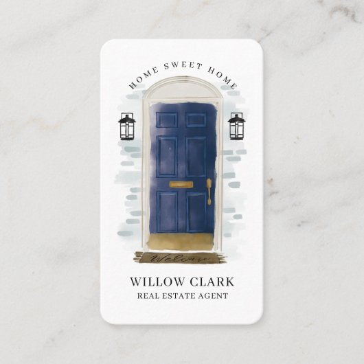 ネイビーブルーウォーターカラーフロントドア実在エステートエージェント 名刺 (正面)