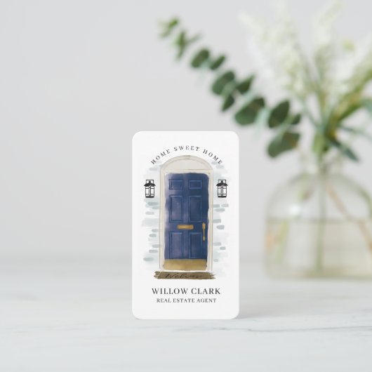 ネイビーブルーウォーターカラーフロントドア実在エステートエージェント 名刺 (スタンド正面)