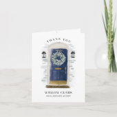 ネイビーブルーウォーターカラーフロントドア&リースありがとう サンキューカード (正面)