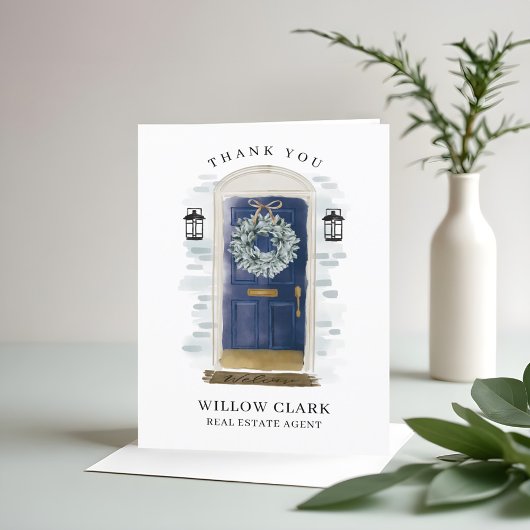 ネイビーブルーウォーターカラーフロントドア&リースありがとう サンキューカード