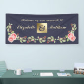 ネイビーブルーウォーターカラーフローラカスタムウェディング 横断幕 (トレードショー)