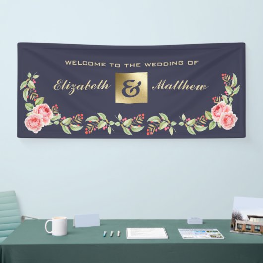 ネイビーブルーウォーターカラーフローラカスタムウェディング 横断幕 (トレードショー)