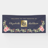 ネイビーブルーウォーターカラーフローラカスタムウェディング 横断幕 (横)