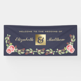 ネイビーブルーウォーターカラーフローラカスタムウェディング 横断幕