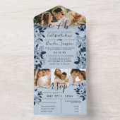 ネイビーブルーウォーターカラーフローラフォトウェディングRSVPすべて オールインワン招待状 (内側)